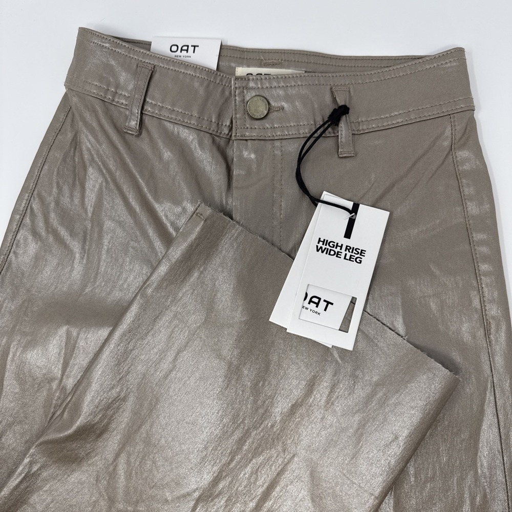 OAT New York Womens High Rise Wide Leg Metallic Coated Pants Champagne 0/25 NEW